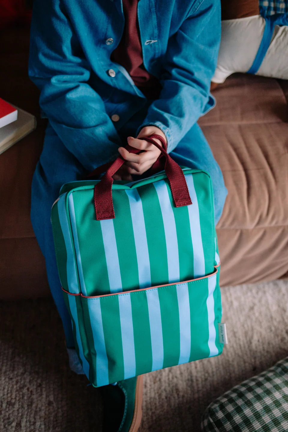 backpack large | stripes | grass green + sunny blue