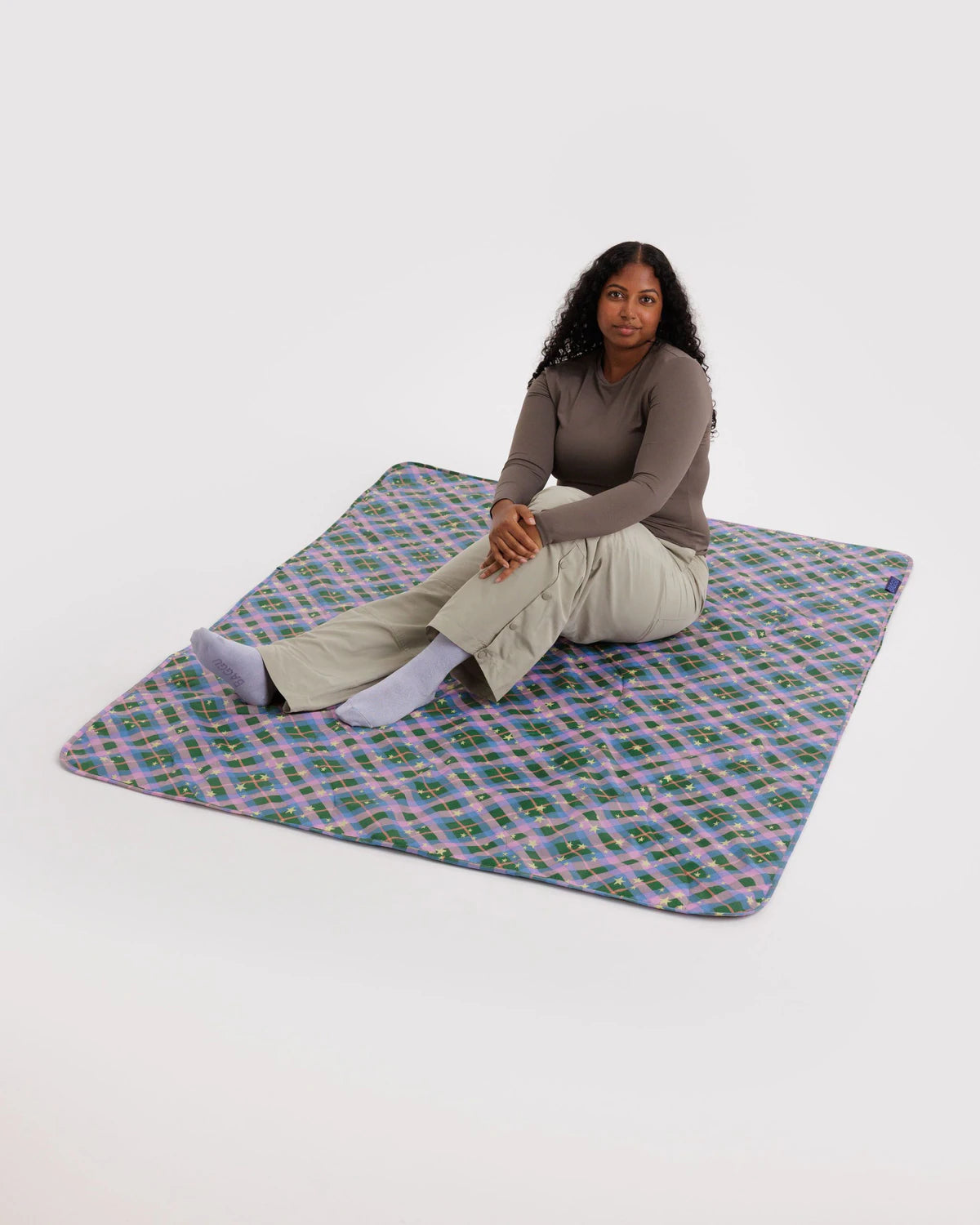 Puffy picnic blanket | green star plaid
