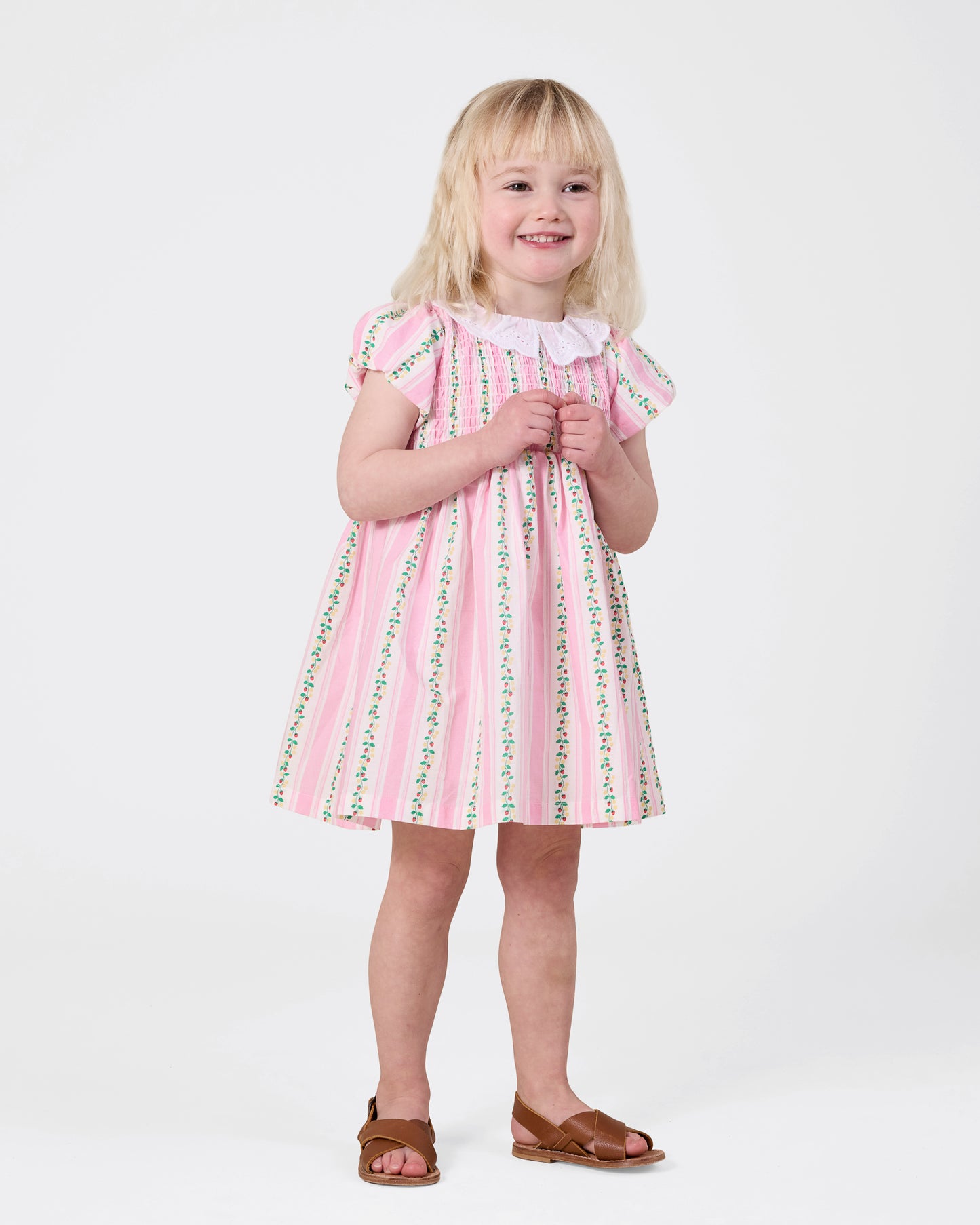 Antique Stripe Strawberry Flo Smocked Dress | Pink/Antique White