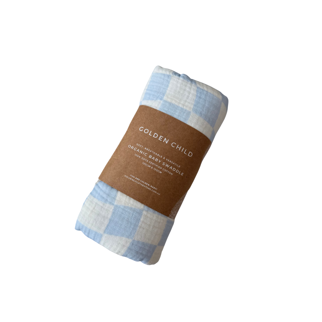 Wavy Baby Checked Organic Cotton Baby Swaddle - Ocean