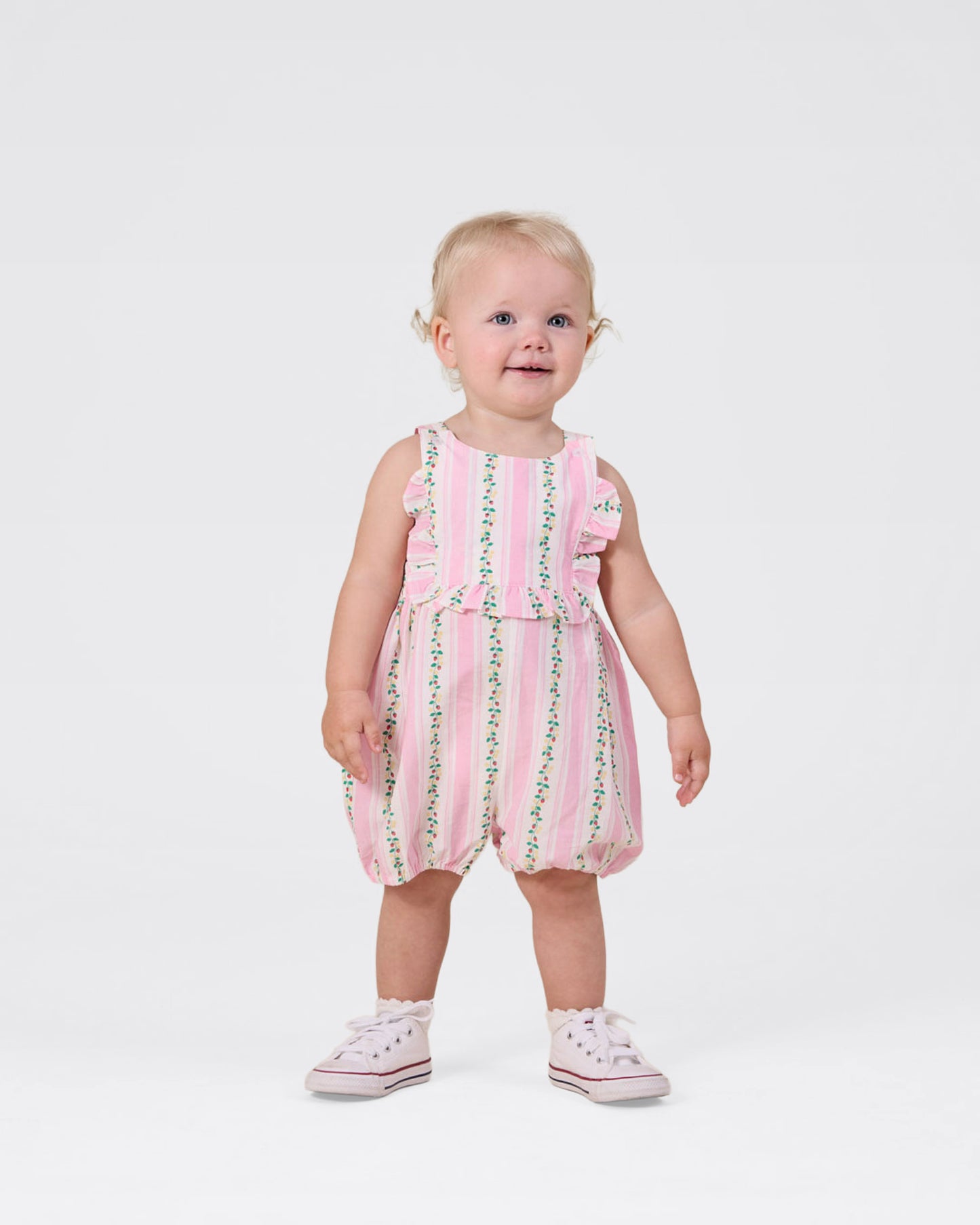 Antique Stripe Strawberry Bubble Romper | Pink/Antique White