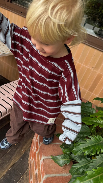 Rowan Stripe Cotton Long Sleeve Tee | Maroon/Blue Stripe