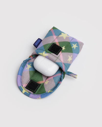 Puffy earbuds case | green star plaid