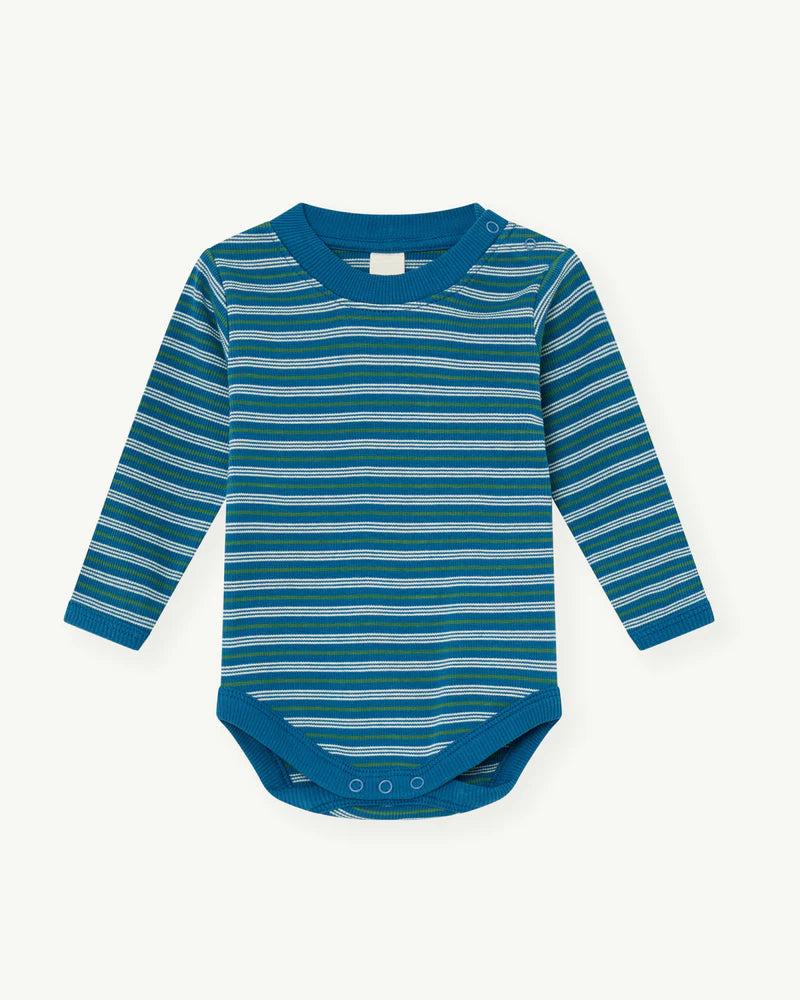 Long sleeve baby bodysuit | Green blue retro stripe