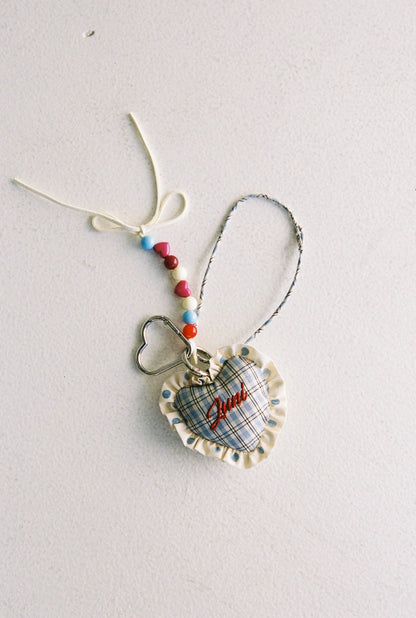 Heart Bag Charm - Blue Check