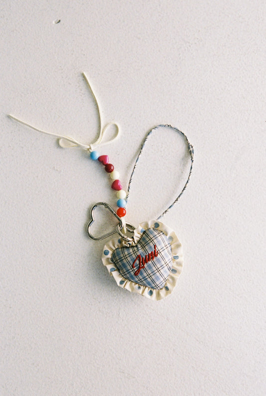 Heart Bag Charm - Blue Check