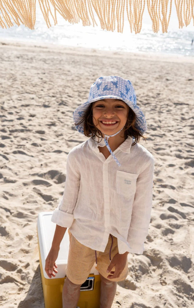 Blue lobster wide brim swim hat by Acorn Kids campaign front