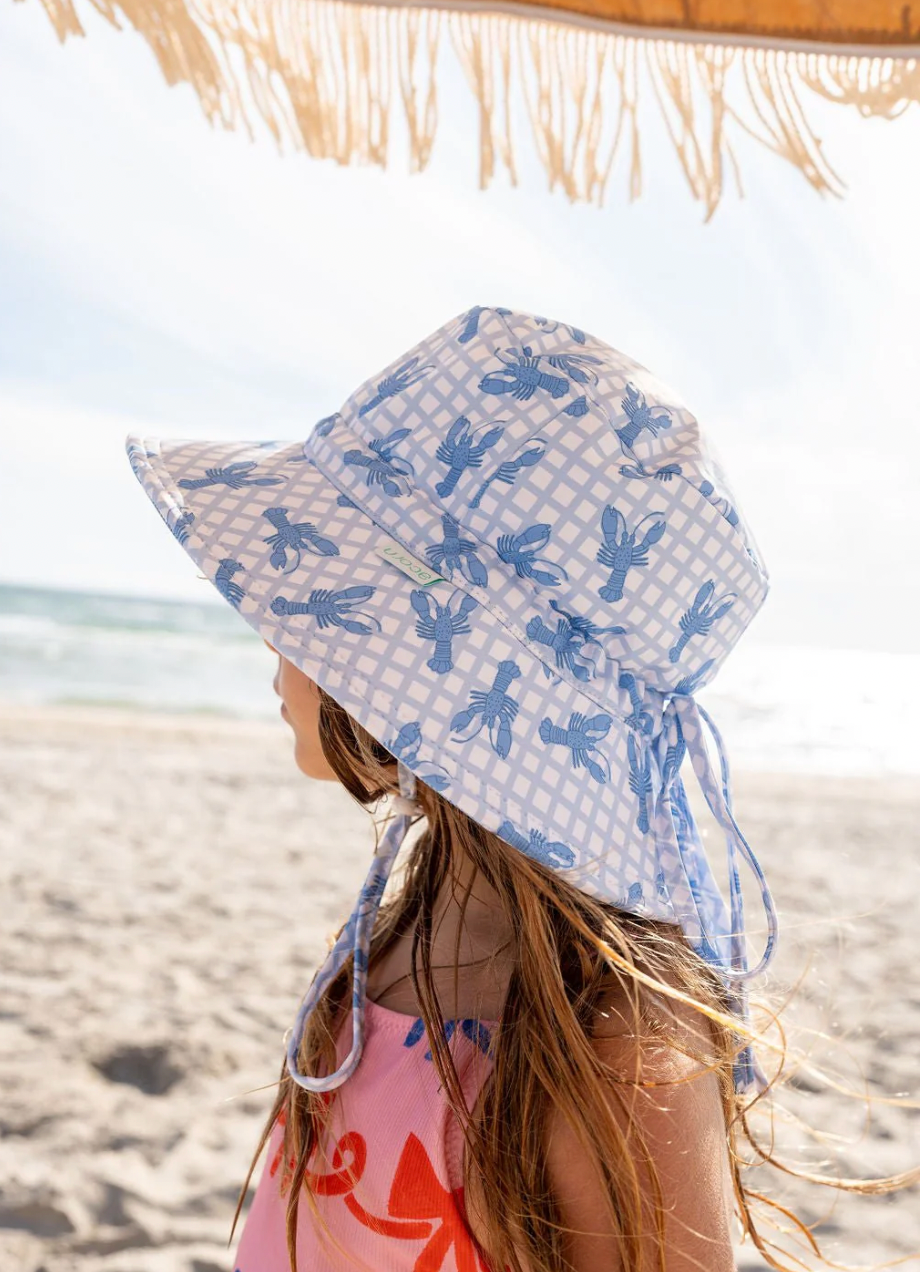Blue lobster wide brim swim hat by Acorn Kids campaign side right