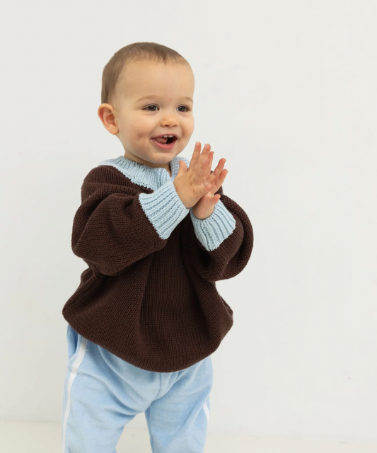 Rhea Cotton Contrast Knit Jumper - Coffee/Sky Blue
