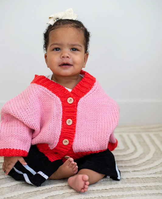 Zuri Contrast Knit Cardigan - Pink/Red
