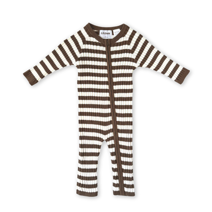 Organic Rib Stripe Knit Zipper Jumpsuit - Espresso & Milk