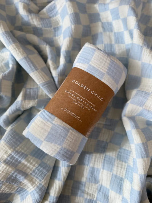Wavy Baby Checked Organic Cotton Baby Swaddle - Ocean
